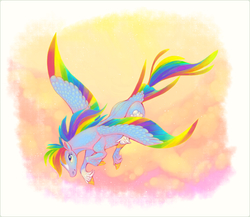 Size: 1223x1062 | Tagged: safe, artist:thiscrispykat, rainbow dash, g4, body markings, cloud, color porn, colored wings, colored wingtips, cute, daaaaaaaaaaaw, female, flying, solo, tail feathers, unshorn fetlocks