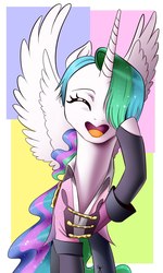 Size: 900x1500 | Tagged: safe, artist:supermare, princess celestia, g4, clothes, costume, crossover, eyes closed, female, open mouth, smiling, solo, viktor nikiforov, yuri on ice