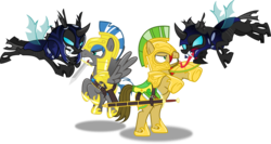 Size: 6101x3253 | Tagged: safe, artist:vector-brony, oc, oc only, oc:cloud zapper, changeling, earth pony, pegasus, pony, armor, changeling guard, changeling oc, changeling officer, fangs, fight, long tongue, royal guard, simple background, sword, tongue out, transparent background, vector, weapon