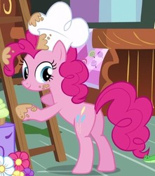 Size: 463x524 | Tagged: safe, screencap, pinkie pie, earth pony, pony, g4, the one where pinkie pie knows, batter, butt, cake batter, cropped, female, looking back, mare, messy, plot, solo