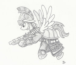 Size: 800x677 | Tagged: safe, artist:sensko, pegasus, pony, armor, dragoon, female, flintlock, flying, grayscale, guardsmare, gun, mare, monochrome, pencil drawing, royal guard, simple background, soldier, solo, traditional art, twilight's royal guard, weapon, white background