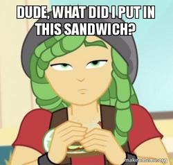 Size: 500x476 | Tagged: safe, edit, edited screencap, screencap, sandalwood, equestria girls, g4, my little pony equestria girls: rainbow rocks, cropped, food, image macro, makeameme.org, male, meme, sandwich, solo