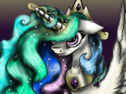 Size: 1024x768 | Tagged: safe, artist:neonspirit17, princess celestia, pony, g4, bust, female, floppy ears, fluffy, frown, glowing horn, horn, long mane, magic, messy mane, portrait, solo, spread wings