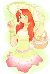 Size: 1024x1515 | Tagged: safe, artist:peachmayflower, oc, oc only, oc:peach, human, clothes, dress, eared humanization, food, hat, horn, horned humanization, humanized, peach, solo