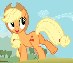 Size: 505x436 | Tagged: safe, screencap, applejack, earth pony, pony, fall weather friends, g4, butt, cropped, female, mare, open mouth, plot, smiling, solo