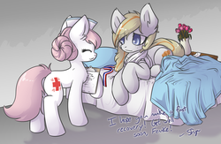 Size: 1024x669 | Tagged: safe, artist:sapphfyr, nurse redheart, oc, earth pony, pony, g4, bed, duo, hospital