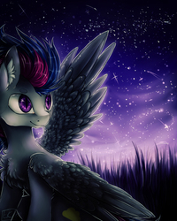 Size: 1728x2160 | Tagged: safe, artist:emi~ket, oc, oc only, oc:cloud bringer, pegasus, pony, bat eyes, night, solo, stars