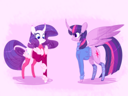 Size: 2000x1500 | Tagged: safe, artist:ogaraorcynder, rarity, twilight sparkle, alicorn, pony, rartwi, g4, blushing, clothes, curved horn, cute, cutie mark on clothes, female, floating wings, horn, lesbian, mare, raised hoof, ship:rarilight, shipping, smiling, stockings, sweater, twiabetes, twilight sparkle (alicorn)