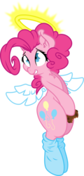Size: 6000x12547 | Tagged: safe, artist:mactavish1996, pinkie pie, angel, g4, absurd resolution, angelic wings, chest fluff, clothes, cookie, cute, diapinkes, ear fluff, female, food, halo, simple background, smiling, socks, solo, spread wings