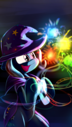 Size: 1200x2133 | Tagged: safe, artist:phuocthiencreation, trixie, pony, unicorn, g4, clothes, commission, female, fireworks, magic, open mouth, smiling, solo, trixie's cape, trixie's hat