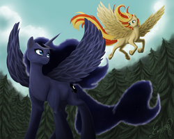 Size: 1280x1024 | Tagged: safe, artist:comsing8, princess luna, sunset shimmer, alicorn, pony, g4, alicornified, cloud, flying, forest, race swap, shimmercorn, spread wings