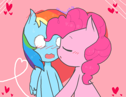 Size: 974x752 | Tagged: safe, artist:chametzkiwi, pinkie pie, rainbow dash, g4, blushing, female, heart, kissing, lesbian, ship:pinkiedash, shipping, wavy mouth