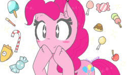 Size: 1274x750 | Tagged: safe, artist:chametzkiwi, pinkie pie, g4, candy, female, food, simple background, solo, white background, wingding eyes