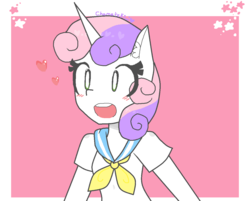 Size: 1192x958 | Tagged: safe, artist:chametzkiwi, sweetie belle, anthro, g4, clothes, female, heart, open mouth, schoolgirl, solo