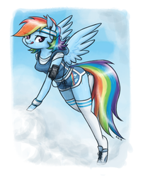 Size: 1032x1280 | Tagged: safe, artist:king-kakapo, rainbow dash, anthro, unguligrade anthro, g4, arm hooves, armband, cellphone, clothes, cloud, earbuds, female, headband, hoodie, midriff, multiple variants, phone, shoes, shorts, simple background, smartphone, sneakers, socks, solo, spread wings, sweat, thigh highs, tongue out, white background