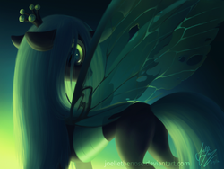 Size: 1920x1440 | Tagged: safe, artist:joellethenose, queen chrysalis, changeling, changeling queen, g4, bugbutt, butt, chrysalass, crown, female, floppy ears, jewelry, looking at you, looking back, looking back at you, looking over shoulder, plot, pretty, regalia, signature, solo, spread wings, standing