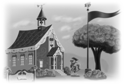 Size: 1280x877 | Tagged: safe, artist:skorpionletun, fanfic:past sins, g4, chapter image, grayscale, monochrome, ponyville schoolhouse, scenery