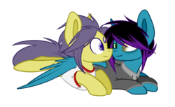 Size: 1024x626 | Tagged: safe, artist:despotshy, oc, oc only, oc:despy, earth pony, pegasus, pony, boop, clothes, female, mare, noseboop, prone, shirt, simple background, third eye, transparent background