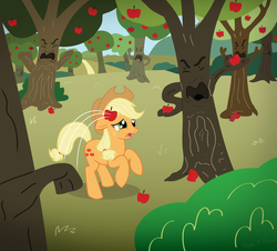 Size: 1000x902 | Tagged: safe, artist:icaron, applejack, earth pony, pony, g4, angry, animate object, apple, apple orchard, apple tree, food, lol, meme, orchard, rage face, rebellion, show accurate, sweet apple acres, the wizard of oz, throwing, tree