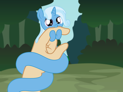 Size: 2982x2237 | Tagged: safe, artist:badumsquish, derpibooru exclusive, trixie, human, hybrid, lamia, monster pony, original species, pony, unicorn, g4, baby, baby pony, baby trixie, badumsquish is trying to murder us, biting, coils, cute, diatrixes, female, finger bite, forest, friendly, hand, high res, holding a pony, hoof hold, hug, in goliath's palm, lamiafied, looking at you, love bite, nibbling, nom, offscreen character, pov, slime, smiling, species swap, story included, tiny, tiny ponies, trixiechidna