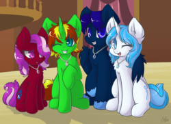 Size: 2484x1800 | Tagged: safe, artist:sapphfyr, oc, oc only, oc:crystal, oc:midnight, oc:vlyka, oc:winter, pony, jewelry, necklace, raised hoof