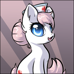 Size: 489x489 | Tagged: safe, artist:sapphfyr, nurse redheart, earth pony, pony, g4, cute, female, hair bun, hat, heartabetes, looking at you, mare, nurse hat, open mouth, simple background, sitting, solo