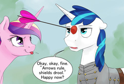 Size: 1280x866 | Tagged: safe, artist:silfoe, princess cadance, shining armor, pony, g4, :p, arrow, clothes, cute, cutedance, dialogue, duo, female, floppy ears, frown, glare, lidded eyes, male, onomatopoeia, open mouth, raspberry, raspberry noise, shining armor is not amused, ship:shiningcadance, shipping, smirk, straight, suction cup, tongue out, unamused, uniform, younger