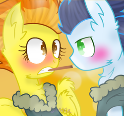Size: 925x868 | Tagged: safe, artist:sprinklebloom, soarin', spitfire, pegasus, pony, g4, blushing, bomber jacket, clothes, cute, eye contact, food, jacket, looking at each other, male, orange background, pocky, pocky game, ship:soarinfire, shipping, simple background, straight