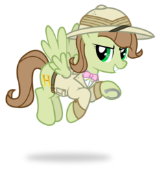 Size: 1024x1119 | Tagged: safe, artist:icaron, oc, oc only, oc:saga, pegasus, pony, belt, bowtie, clothes, cutie mark, explorer outfit, grin, hat, horseshoes, jacket, pith helmet, shirt, show accurate, simple background, smiling, solo, transparent background, vector