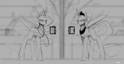 Size: 1280x664 | Tagged: safe, artist:novabytes, sunset shimmer, twilight sparkle, alicorn, pony, g4, alicornified, black and white, future, future twilight, grayscale, levitation, magic, monochrome, race swap, shimmercorn, sketch, telekinesis, twilight sparkle (alicorn), twilight's journal, wip