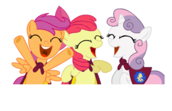 Size: 571x368 | Tagged: safe, artist:darktailsko, apple bloom, scootaloo, sweetie belle, oc, pegasus, pony, unicorn, g4, apple bloom's bow, bipedal, bow, cape, clothes, cutie mark crusaders, eyes closed, fan game, female, hair bow, happy, hasbro, open mouth, rpg maker, rpg maker vx ace, simple background, the hub, the town that feared nightfall, transparent background, trio, trio female, vx ace
