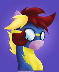 Size: 1040x1280 | Tagged: safe, artist:stec-corduroyroad, oc, oc only, oc:corduroy road, earth pony, pony, blue, bodysuit, bust, clothes, cordy, goggles, gold, looking at you, not a wonderbolt, portrait, purple, smiling, solo, wonderbolts, wonderbolts uniform, yellow