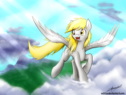 Size: 4000x3000 | Tagged: safe, artist:xeirla, derpy hooves, pegasus, pony, g4, cloud, crepuscular rays, female, happy, mare, mountain, open mouth, solo, spread wings