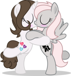 Size: 3087x3289 | Tagged: safe, artist:nxzc88, oc, oc only, oc:pyrisa miracles, oc:violet, pegasus, pony, unicorn, bipedal, blushing, cutie mark, eyes closed, female, high res, kiss on the lips, kissing, lesbian, oc x oc, raised leg, shipping, simple background, spread wings, transparent background, vector, wingboner