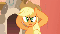 Size: 853x480 | Tagged: safe, screencap, applejack, earth pony, pony, g4, look before you sleep, season 1, animated, cross-eyed, female, frown, gif, golden oaks library, holding head, solo, talking