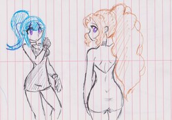 Size: 2099x1468 | Tagged: safe, artist:elgatosabio, adagio dazzle, sonata dusk, equestria girls, g4, ass, butt, clothes, dress, duo, female, fingerless gloves, gloves, lined paper, looking back, traditional art