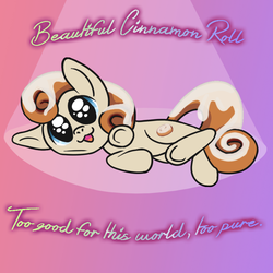 Size: 800x800 | Tagged: safe, artist:danatron1, food pony, original species, pony, :3, beautiful cinnamon roll, cinnamon bun, cute, food, gradient background, looking at you, lying down, not cum, on side, open mouth, open smile, reaction image, smiling, smiling at you, solo, the onion