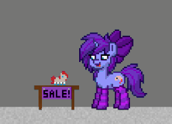 Size: 444x320 | Tagged: safe, artist:seafooddinner, oc, oc only, oc:attraction, oc:debra rose, oc:ponepony, oc:seafood breakfast, oc:seafood dinner, oc:seafood entree, pony, pony town, animated, black friday, bow, clothes, gif, hair bow, hat, pixel art, plushie, socks, striped socks, this will not end well, toy