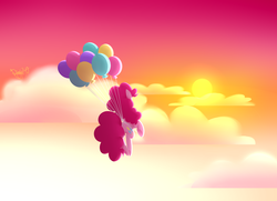 Size: 3200x2314 | Tagged: safe, artist:siggie740, pinkie pie, g4, balloon, female, floating, high res, solo, sun, then watch her balloons lift her up to the sky