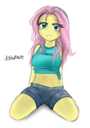 Size: 752x1064 | Tagged: safe, artist:jetwave, fluttershy, human, equestria girls, g4, bare shoulders, belly button, breasts, clothes, female, midriff, shorts, solo, tank top