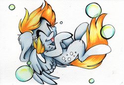 Size: 2468x1700 | Tagged: safe, artist:cutepencilcase, derpy hooves, pegasus, pony, g4, bubble, chest fluff, eyes closed, female, mare, simple background, solo, tongue out, traditional art, white background
