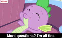 Size: 1600x973 | Tagged: safe, spike, dragon, comic:celestia's servant interview, g4, caption, couch, cs captions, eyes closed, interview, male, solo