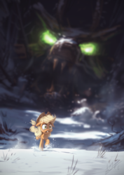 Size: 850x1200 | Tagged: safe, artist:assasinmonkey, applejack, earth pony, pony, timber wolf, g4, cowboy hat, female, freckles, glowing eyes, hat, king timber wolf, mare, running, scared, scenery, signature, size difference, snow, solo, stetson, winter