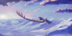 Size: 3000x1500 | Tagged: safe, artist:fynjy-87, oc, oc only, pegasus, pony, cloud, flying, impossibly large wings, large wings, mountain, scenery, sky, solo, spread wings, wings