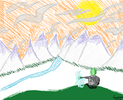 Size: 1998x1634 | Tagged: safe, artist:lyracorn, lyra heartstrings, oc, oc:anon, human, pony, unicorn, g4, 1000 hours in ms paint, clothes, cloud, evening, grass, hand on shoulder, hill, looking at each other, looking away, mountain, ms paint, river, shipping, sun, sunset