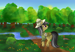 Size: 3000x2100 | Tagged: safe, artist:o0o-bittersweet-o0o, daring do, cobra, snake, g4, bandage, forest, high res, river, smiling, sun