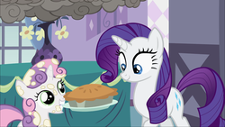 Size: 1920x1080 | Tagged: safe, screencap, rarity, sweetie belle, pony, g4, sisterhooves social, food, pie, rarity looking at food