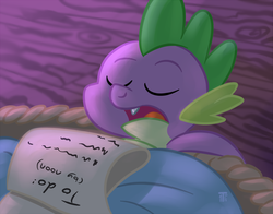 Size: 1000x784 | Tagged: safe, artist:1trick, part of a set, spike, g4, 1trickpone's sleeping ponies, basket, blanket, eyes closed, male, sleeping, solo, to-do list