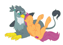 Size: 841x596 | Tagged: safe, artist:dedonnerwolke, gabby, scootaloo, griffon, g4, the fault in our cutie marks, cuddling, cutie mark, eyes closed, gabbyloo, looking at each other, looking down, older, older scootaloo, simple background, snuggling, the cmc's cutie marks, transparent background, underhoof