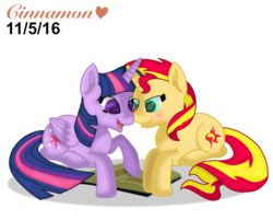 Size: 4076x3281 | Tagged: safe, artist:cinnamon-swirls, sunset shimmer, twilight sparkle, alicorn, pony, g4, blushing, book, colored pupils, female, lesbian, looking down, lying down, open mouth, reading, ship:sunsetsparkle, shipping, simple background, smiling, transparent background, twilight sparkle (alicorn)